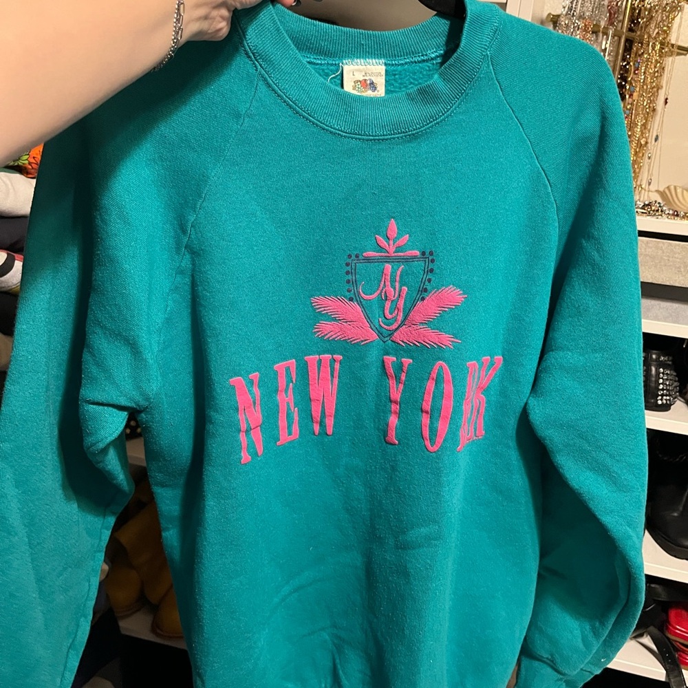 Vintage 90s New York Sweatshirt Teal Pink Graphic Made USA Fruit of the Loom L